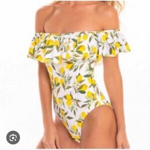 Cabana Del Sol Lemon Print Off-Shoulder One Piece Ruffle Swimsuit